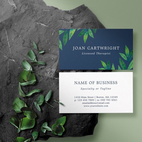 Emerald Green Leaves Navy Blue Therapist Business Card