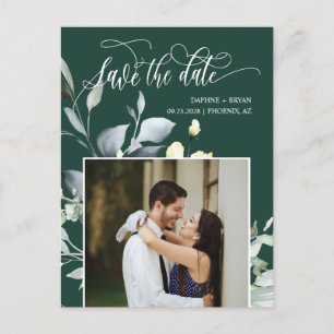 Emerald Green Leaves QR Code Photo Save the Date Announcement Postcard