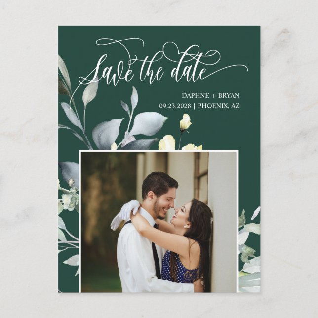 Emerald Green Leaves QR Code Photo Save the Date Announcement Postcard (Front)