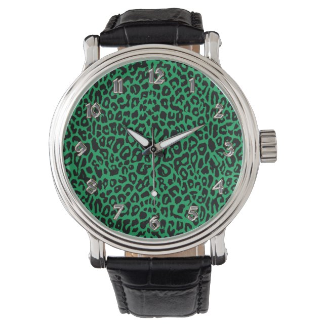 Emerald Green Leoopard Animal Print Watch (Front)