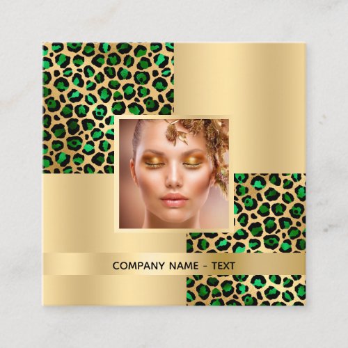 Emerald green leopard gold pattern photo QR code Square Business Card