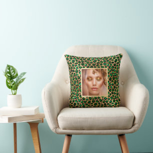 Emerald green leopard gold pattern photo throw pillow