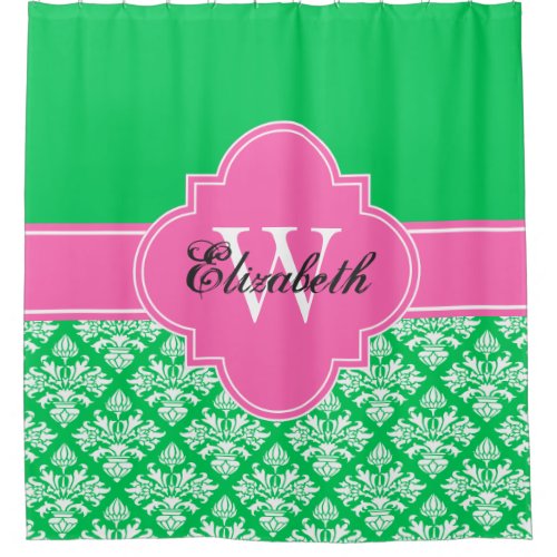 Emerald Green LG Damask 3 CB1IR Hot Pink Monogram Shower Curtain