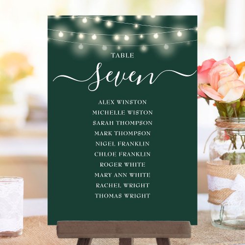 Emerald Green Lights Table Number Seating Chart