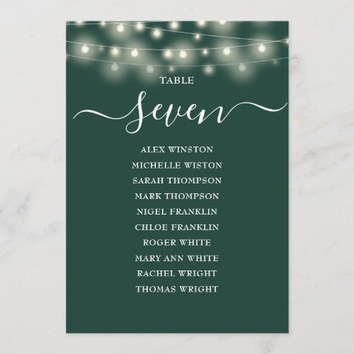 Emerald Green Lights Table Number Seating Chart