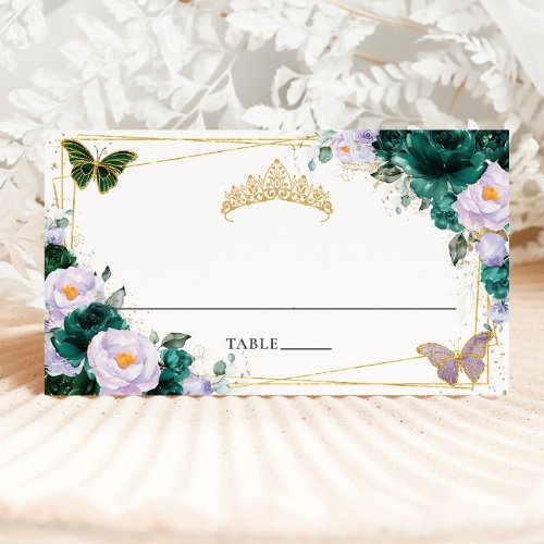 Emerald Green Lilac Purple Floral Quinceaera 16th Place Card