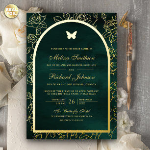 Emerald Green Line Art Arch Butterfly Wedding Gold Foil Invitation
