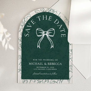 Emerald Green Line Art Bow Wedding Save the Date