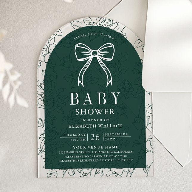 Emerald Green Line Art Coquette Bow Baby Shower Acrylic Invitations (Creator Uploaded)