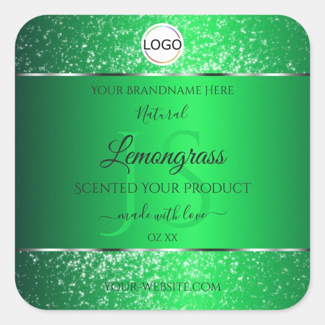 Emerald Green Logo Initials Glitter Product Labels (Front)