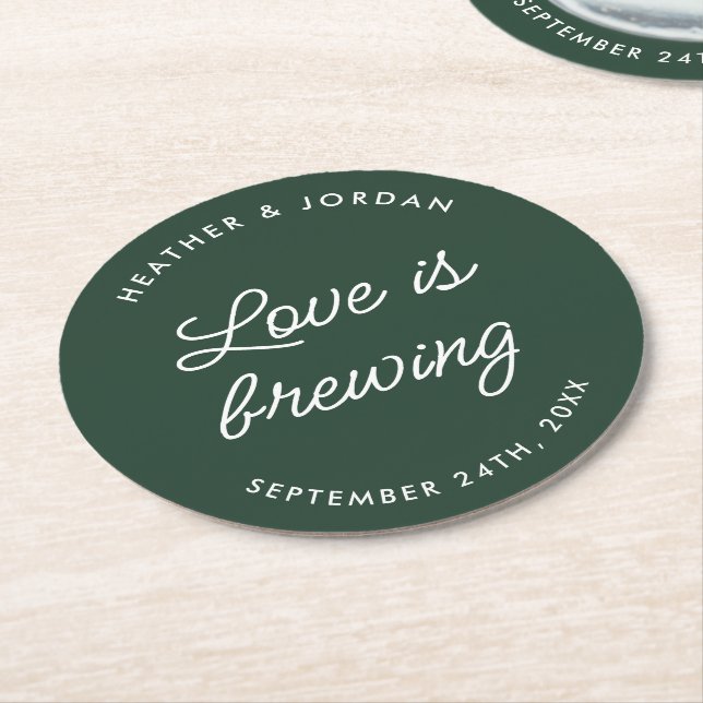 Emerald Green Love Is Brewing Wedding Reception Round Paper Coaster (Angled)