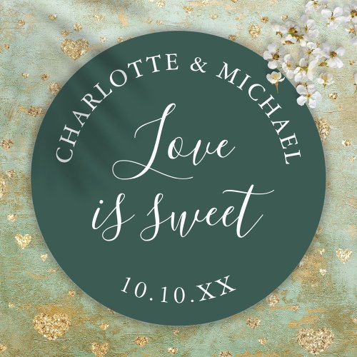 Emerald Green Love Is Sweet Wedding Favor  Classic Round Sticker