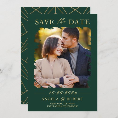 Emerald Green Luxury Gold Brush Stroke Photo Frame Save The Date