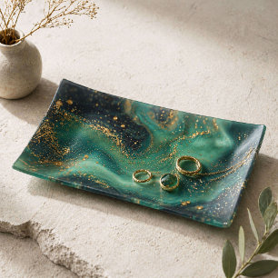 Emerald Green Malachite Gold Glitter Jewelry Trinket Tray