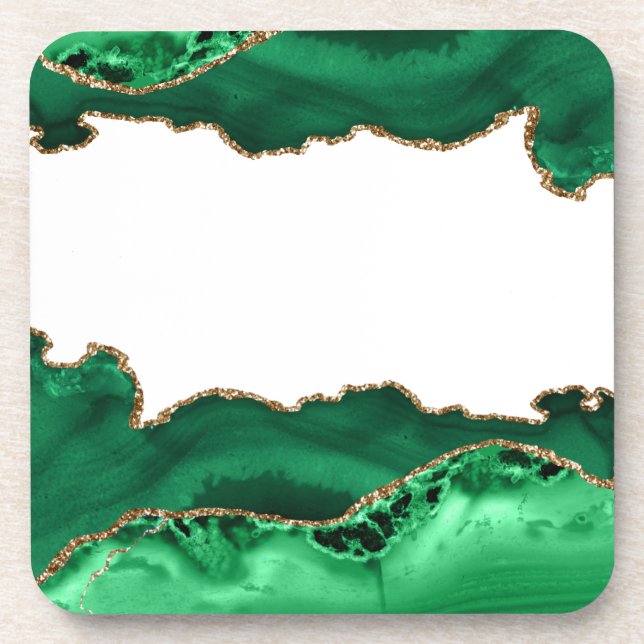Emerald Green Malachite Stone Gold Metallic Beverage Coaster (Front)