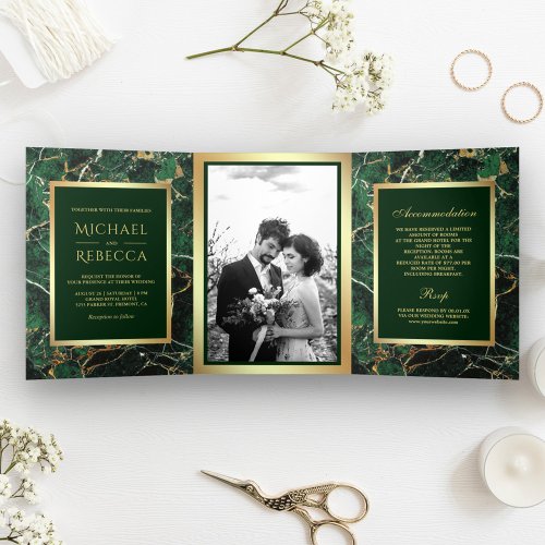 Emerald Green Marble Faux Gold Foil Photo Wedding Tri_Fold Invitation