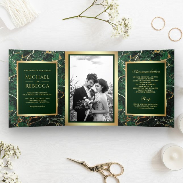 Emerald Green Marble Faux Gold Foil Photo Wedding Tri-Fold Invitation (Creator Uploaded)
