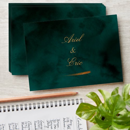 Emerald Green Marble  Gold Eucalyptus Wedding Envelope