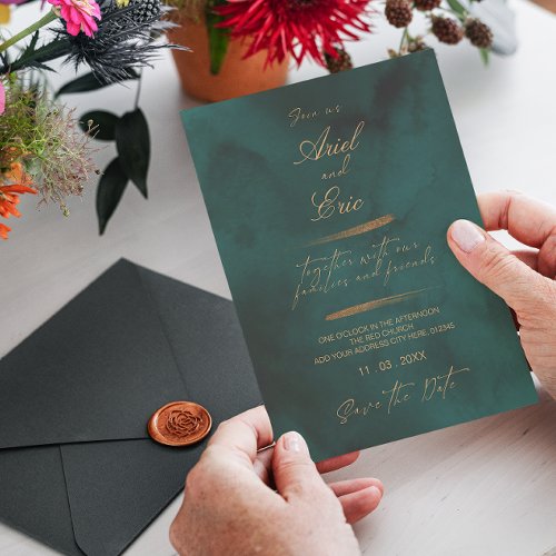 Emerald Green Marble  Gold Eucalyptus Wedding   Save The Date