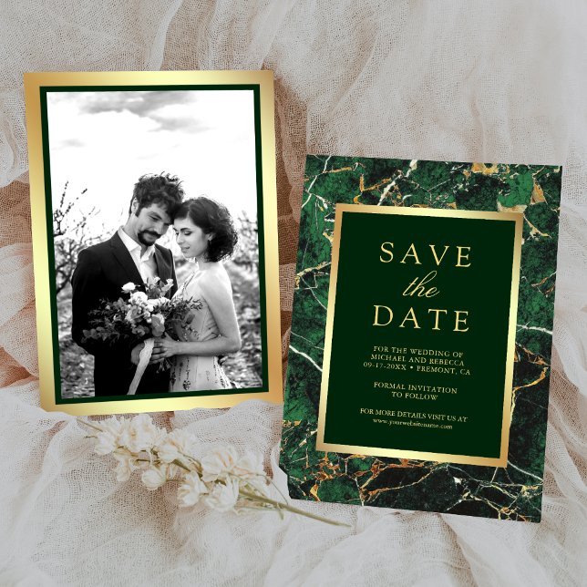 Emerald Green Marble Gold Photo Wedding Save The Date (Creator Uploaded)