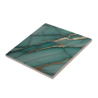 Emerald Green Marble & Gold Vein Luxe Accent  Ceramic Tile