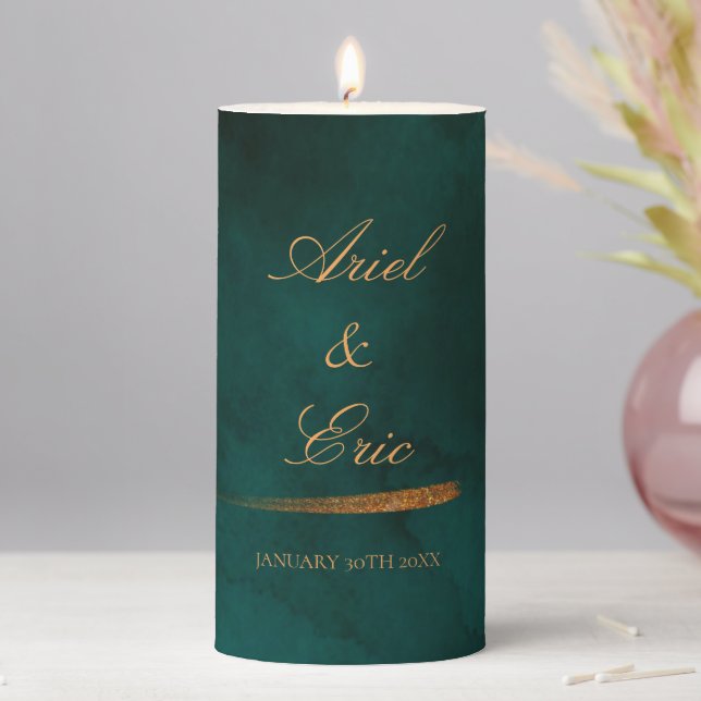 Emerald Green Marble & Gold Wedding Pillar Candle (In Situ)