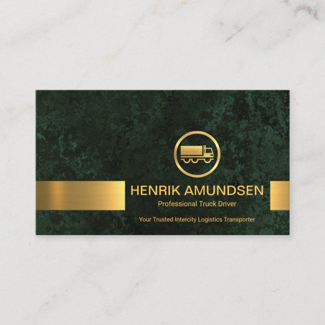 Emerald Green Marble Grunge Gold Stripe Trucker Business Card (Front)