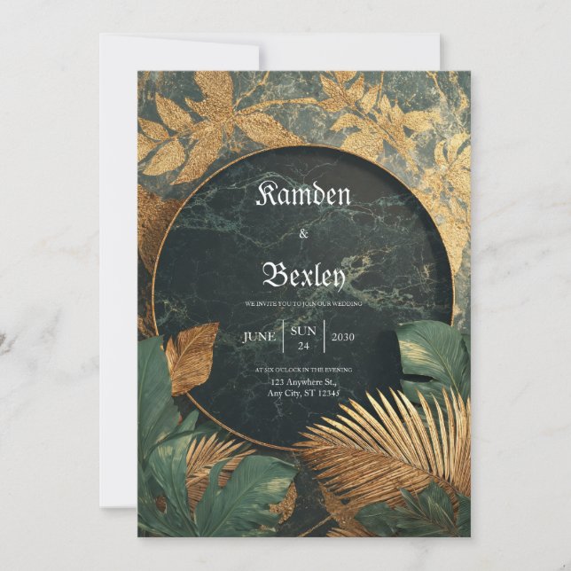 Emerald Green Marble Tropical Circle Frame Wedding Invitation (Front)