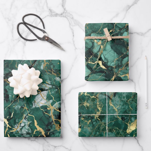 Emerald Green Marble With Gold Wrapping Paper Sheets (Front)
