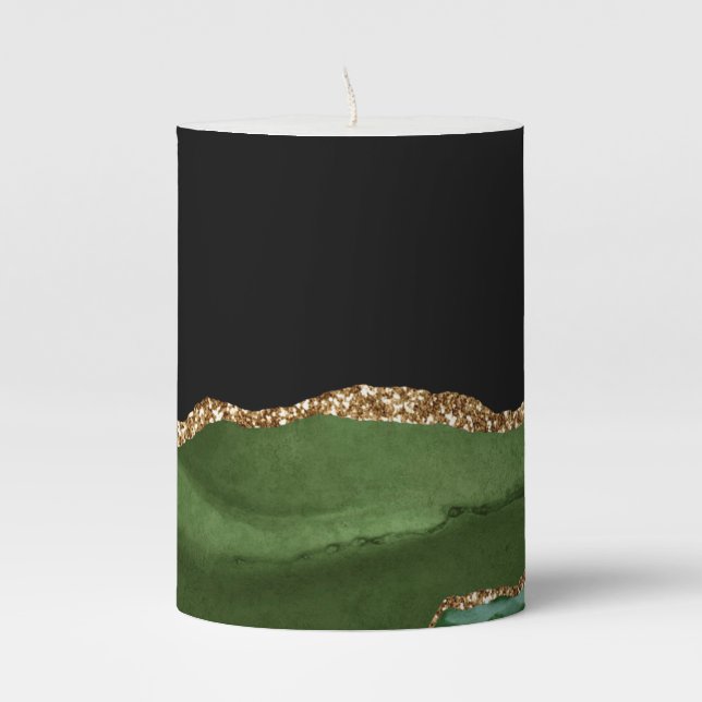 Emerald Green Marbled Agate Contemporary Stone Pillar Candle (Front)