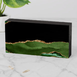 Emerald Green Marbled Agate Contemporary Stone Wooden Box Sign