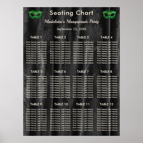 Emerald Green Masquerade Black Damask 12 Tables Poster