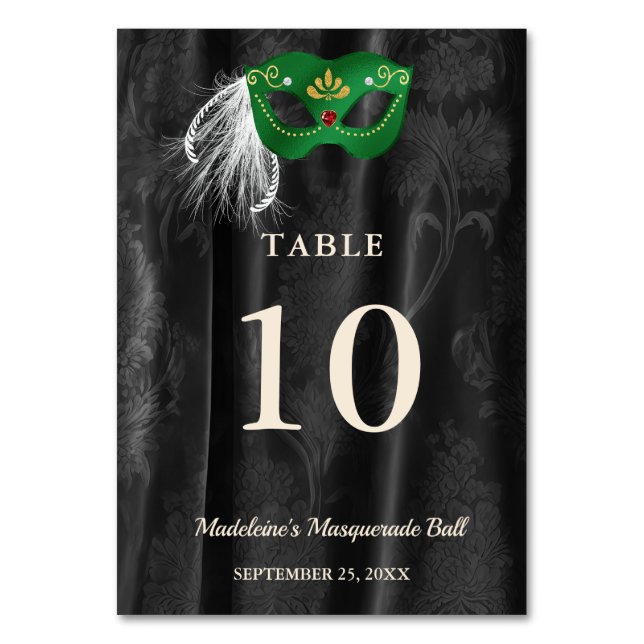 Emerald Green Masquerade Black Damask Double-Sided Table Number (Front)