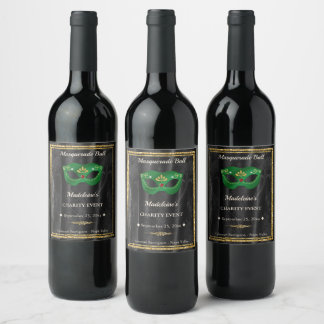 Emerald Green Masquerade Black Damask Gala Favor Wine Label