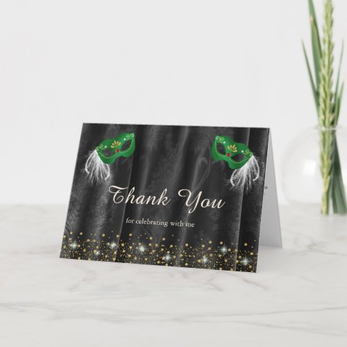 Emerald Green Masquerade Black Damask Photo Inside Thank You Card