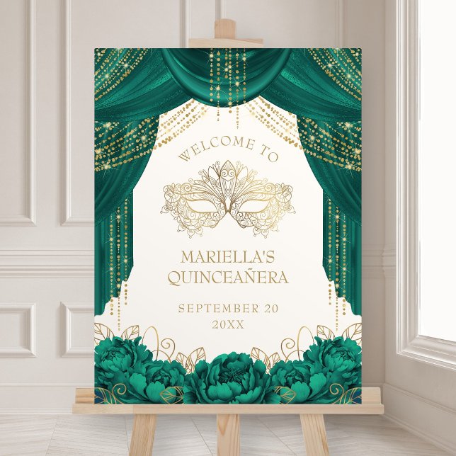 Emerald Green Masquerade Mask Quinceanera Welcome Foam Board (Creator Uploaded)