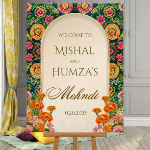 Emerald Green Mehndi Welcome Sign: Floral Sangeet Foam Board