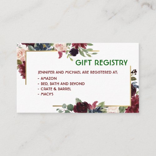 Emerald Green Merlot Navy Floral Gift Registry Enclosure Card