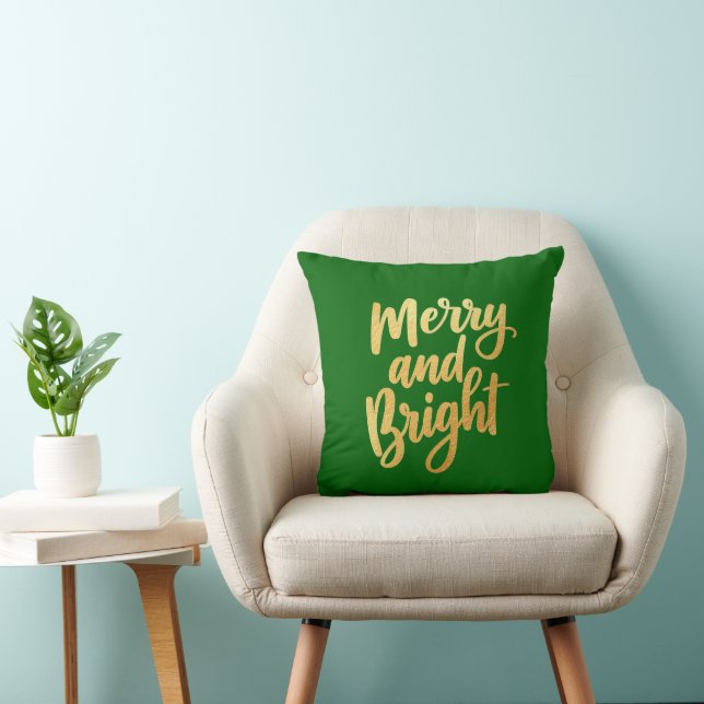 Emerald Green Merry and Bright - Gold Script Decor Throw Pillow (Chair)