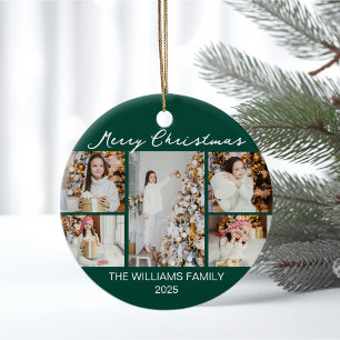 Emerald Green Merry Christmas Photo Collage Ceramic Ornament