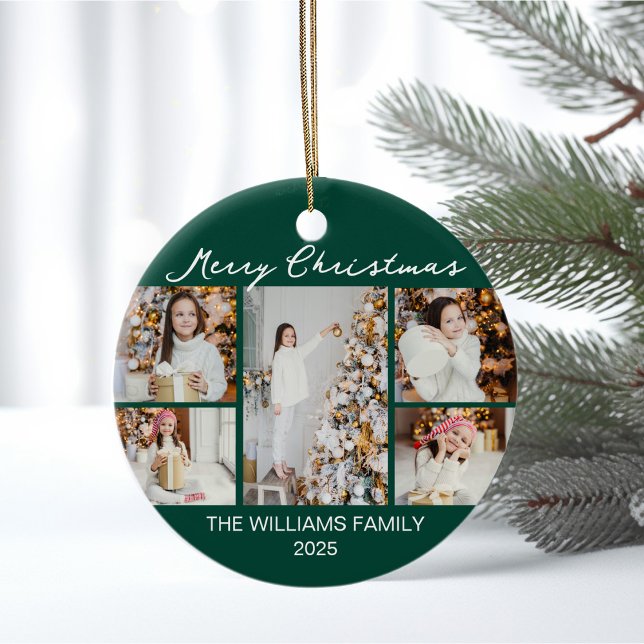 Emerald Green Merry Christmas Photo Collage Ceramic Ornament (Creator Uploaded)