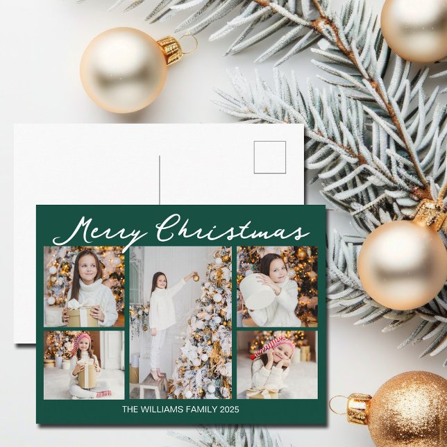 Emerald Green Merry Christmas Photo Collage Holiday Postcard (Creator Uploaded)