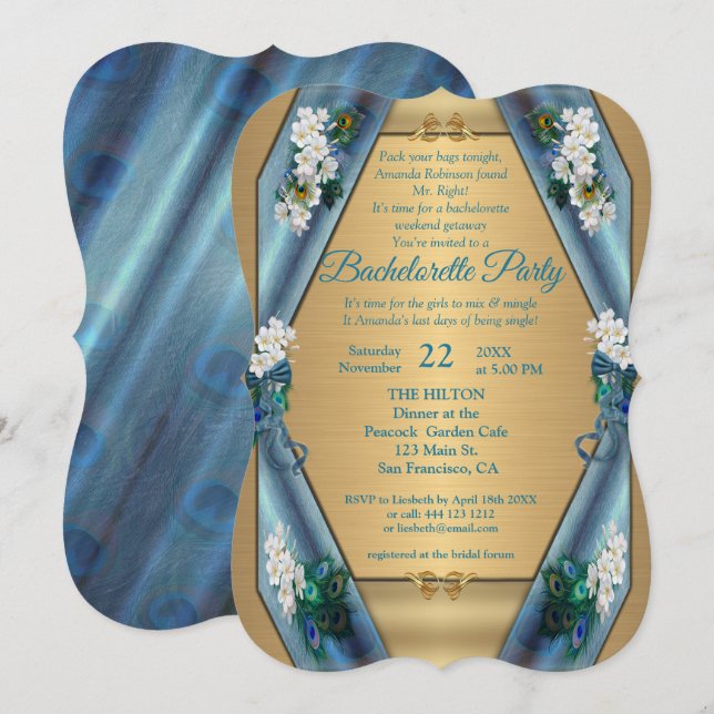Emerald Green Metallic Silk & Gold Bachelorette Invitation (Front/Back)