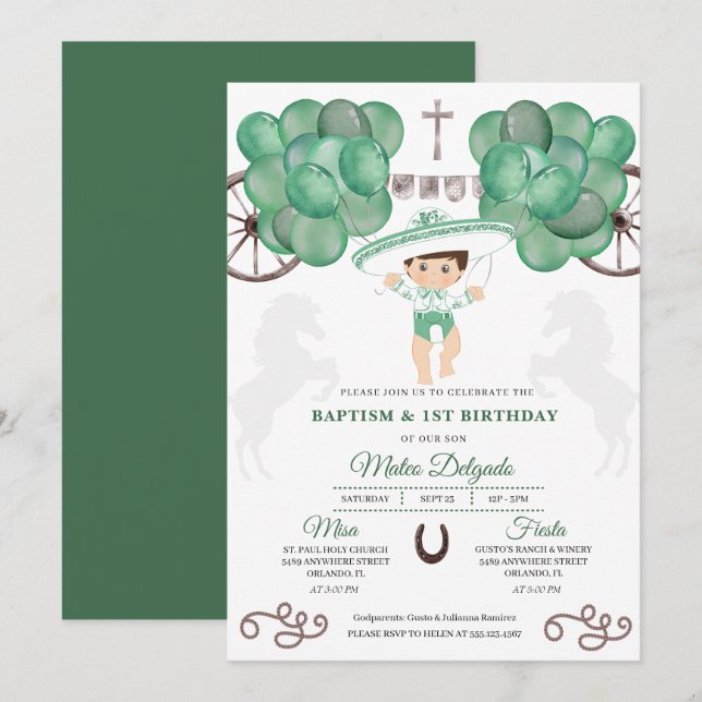 Emerald Green Mexican Baby Boy Charro Baptism Invitation (Front/Back)