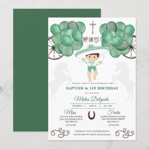 Emerald Green Mexican Baby Boy Charro Baptism Invitation