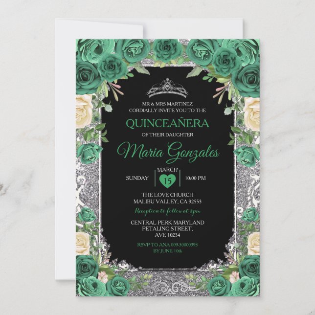 Emerald Green Mexican Charra Mis Quince Butterfly Invitation (Front)