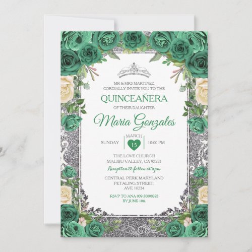 Emerald Green Mexican Charra Mis Quince Butterfly Invitation