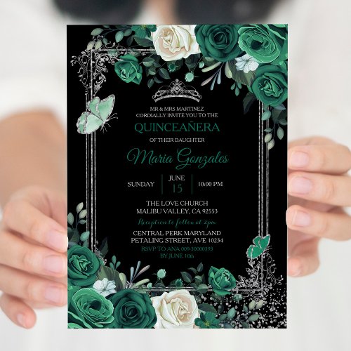 Emerald Green Mexican Charra Quinceanera Black Invitation