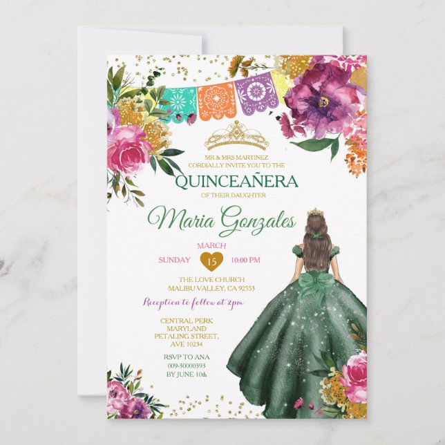 Emerald Green Mexican Quinceañera 16th Butterfly Invitation (Front)