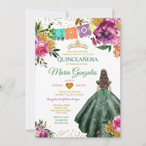 Emerald Green Mexican Quinceaera 16th Butterfly Invitation